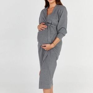 Legoe Heritage Maternity Rib Knit Cotton Wrap Midi Sweater Dress in Dark Grey XS